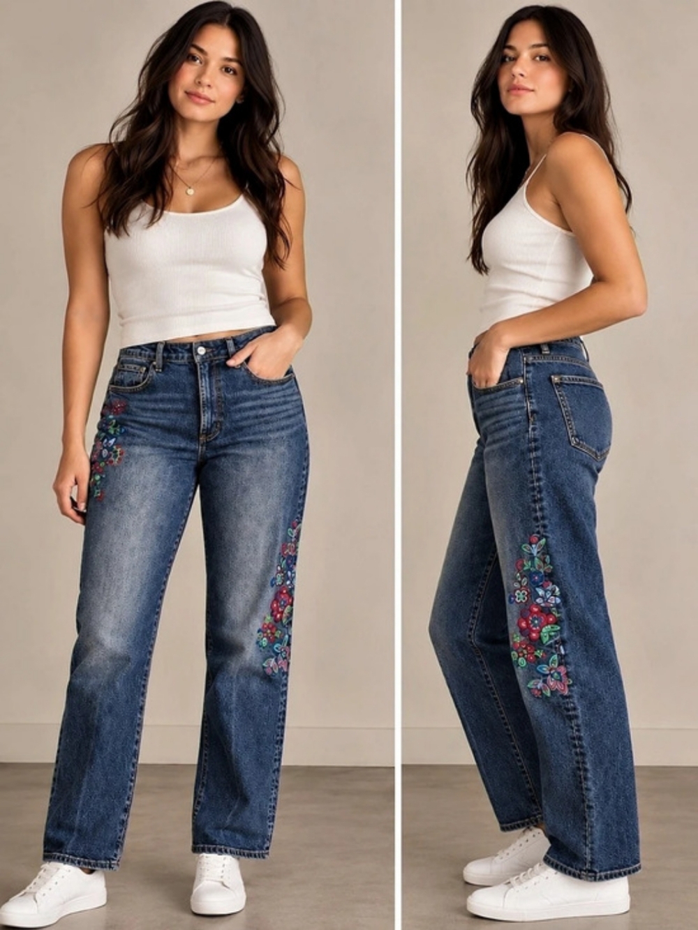 Driftwood Stella Floral Embroidered Straight Leg Jeans Waist 32